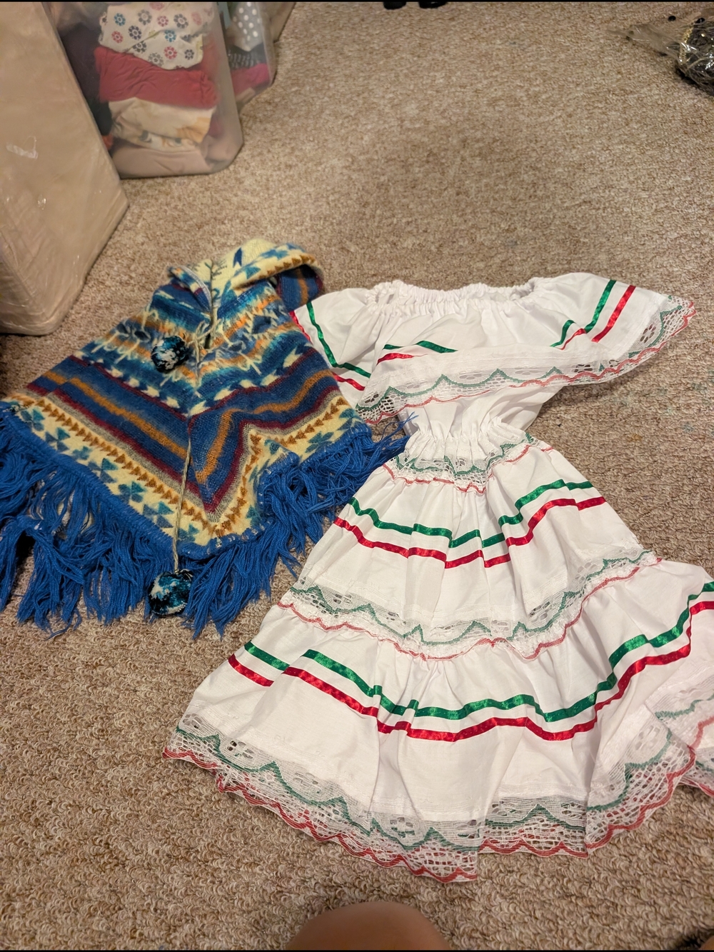 Girls' White Mexican Fiesta Dress with Green & Red Trim And Poncho